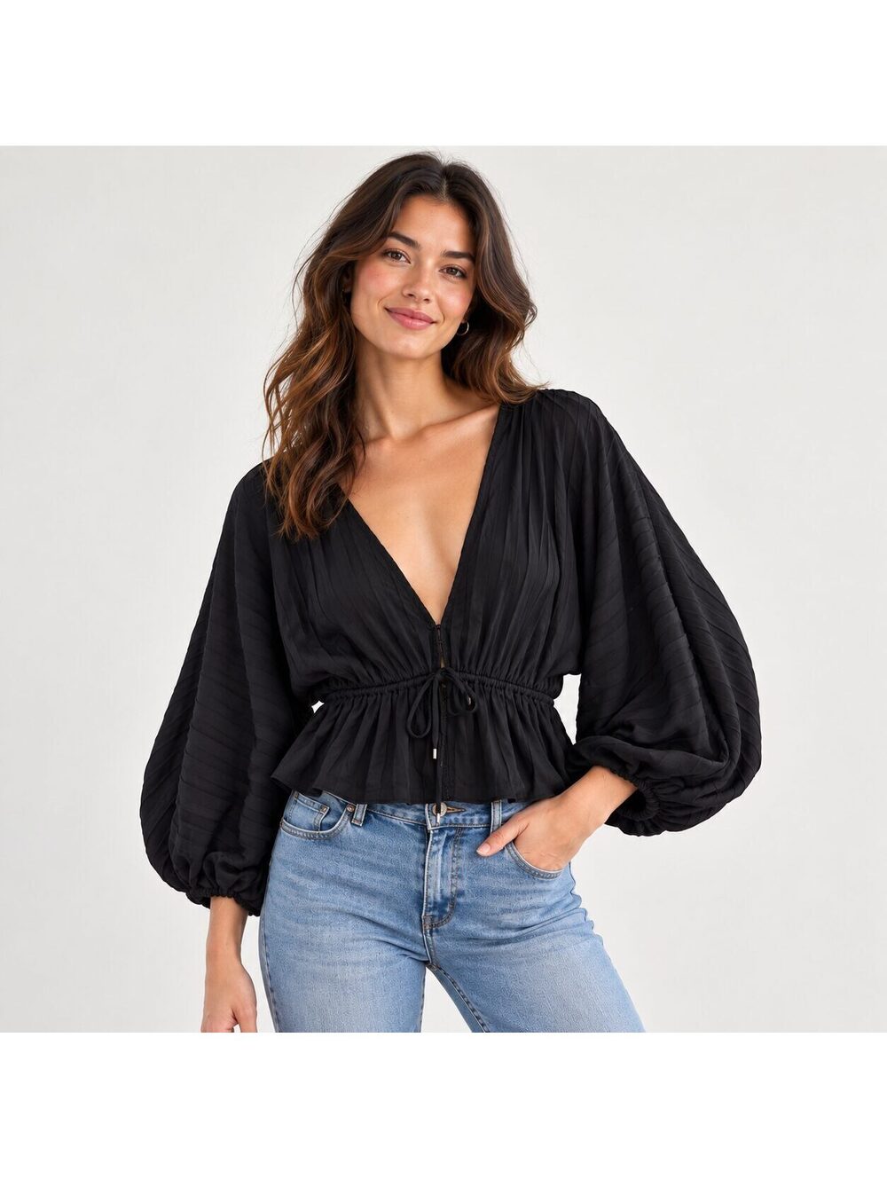 Free People Black Deep V Balloon Sleeve Cropped Blouse Top XS